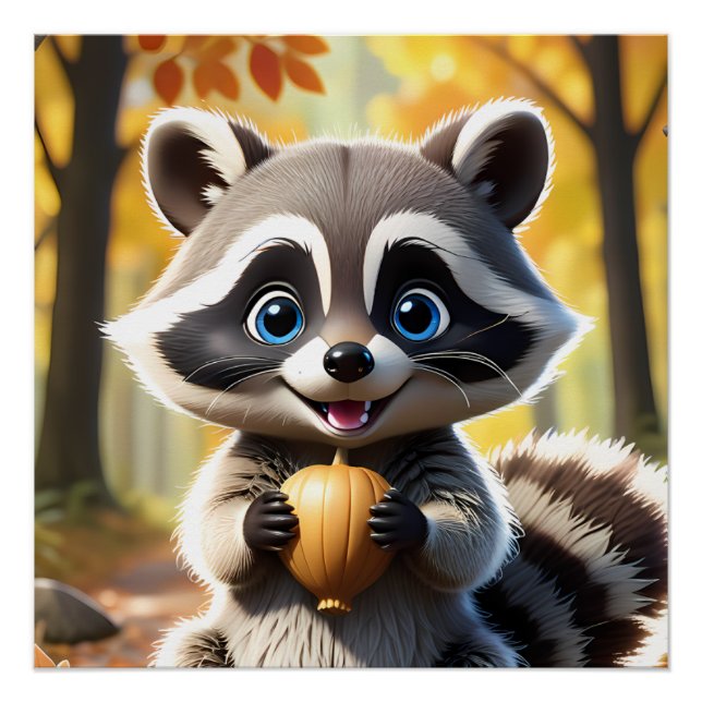 Póster Cute Kawaii style Racoon segurando uma bolota (Frente)