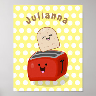 Poster Cute kawaii toast and red toaster cartoon