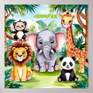 Poster Cute Kids Safari Selva Animal Personalizado Nome