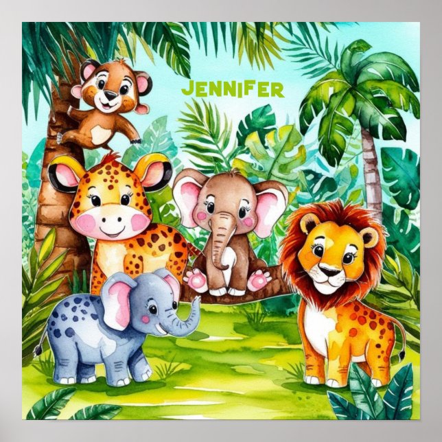 Poster Cute Kids Safari Selva Animal Personalizado Nome (Frente)