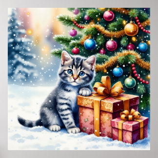 Poster Cute Kitten Under Christmas Tree