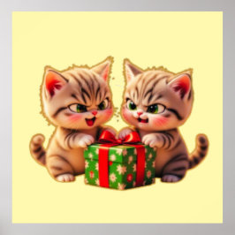 Poster **Cute Kittens Fighting Over a Gift – Funny Christ