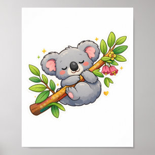 Poster Cute Koala Adormecido no Ramo de Eucalipto Kawaii