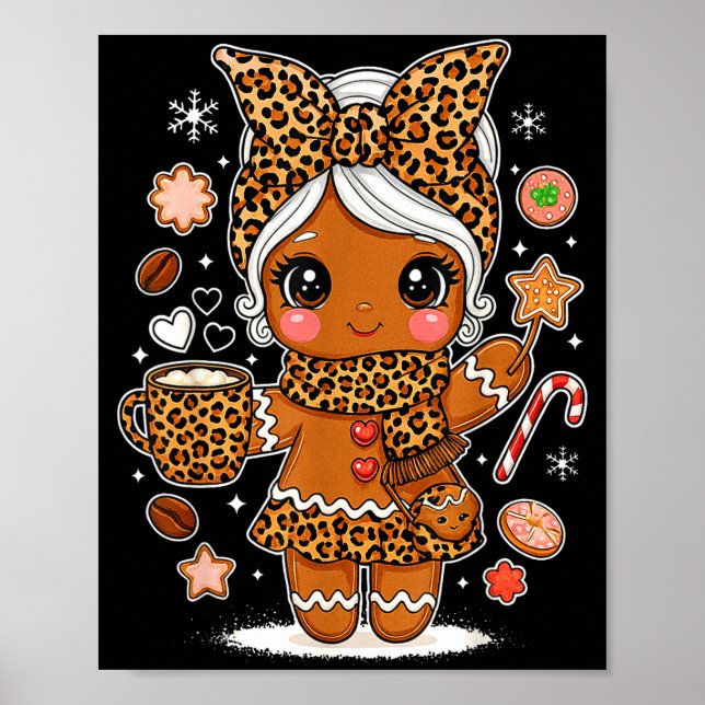 Poster Cute Leopard Gingerbread Girl Coquette Bow Holiday (Frente)