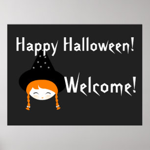 Poster Cute Little Witch with Hat & Stars 
