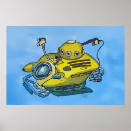 Poster Cute little yellow submarine in blue water