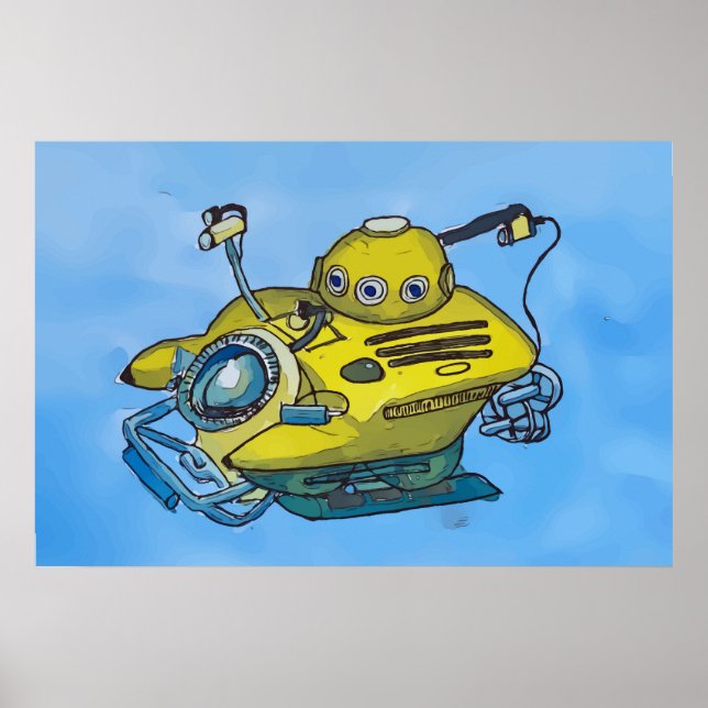 Poster Cute little yellow submarine in blue water (Frente)