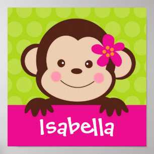 Poster Cute  Monkey Personalized Name Art Print girl Kids