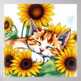 Poster Cute Napping Kitten and Sunflowers
