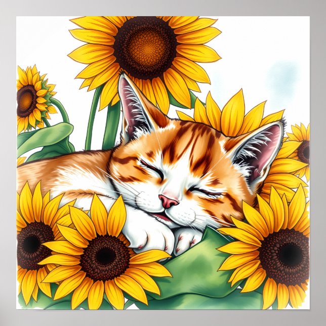 Poster Cute Napping Kitten and Sunflowers (Frente)