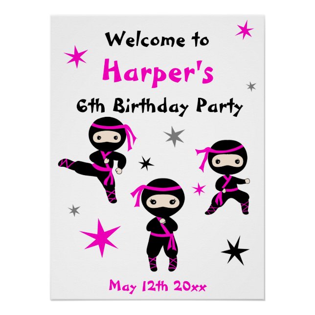 Póster Cute Ninja Warrior Kids Bday Party - Sinal de boas (Frente)