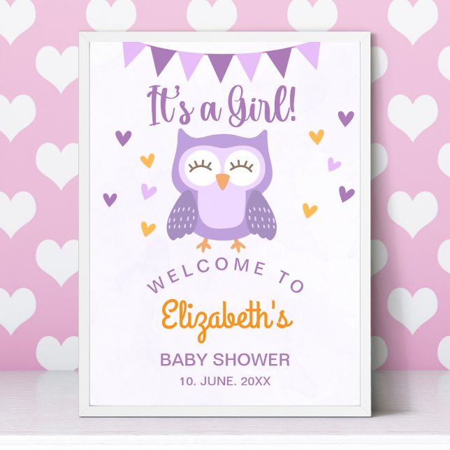 Poster Cute Owl Baby Shower Invitation – 'It's aGirl' (Criador carregado)