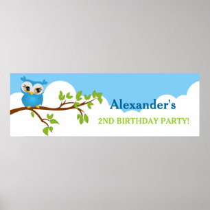 Póster Cute Owl on Branch Boy Birthday Party Banner