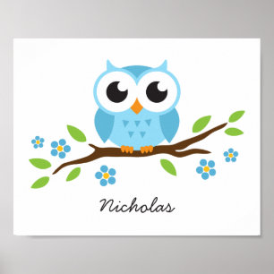 Poster Cute owl personalized nursery wall art for boys