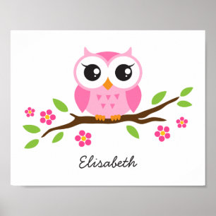 Póster Cute owl personalized nursery wall art for girls