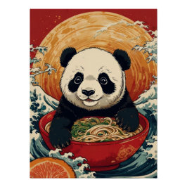 Póster Cute Panda Eating Ramen in Japanese Ukiyo-e Style