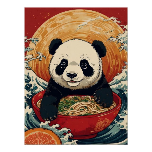 Póster Cute Panda Eating Ramen in Japanese Ukiyo-e Style  (Frente)