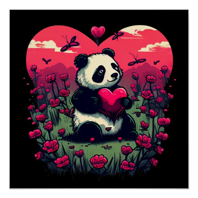 Póster Cute Panda Segurando Coração - Presente de Dia de  (Frente)