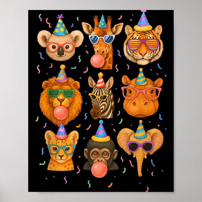 Poster Cute Party Animals Birthday Wildlife Zoo Birthday  (Frente)