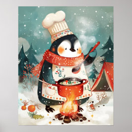 Poster Cute Penguin Cooking Watercolor Winter Nursery