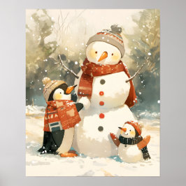 Poster Cute Penguins & Snowman – Cozy Winter Watercolor