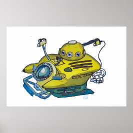 Poster Cute pequeno submarino amarelo na água azul