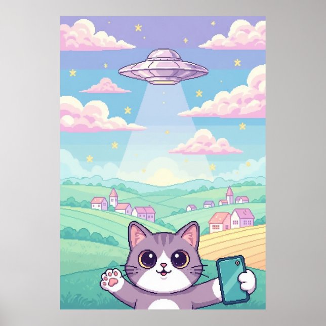 Poster Cute Pixel Art Cat with UFO in Pastel Sky Kawaii (Frente)