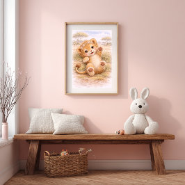 Poster Cute Playing Baby Lion Nursery Room Kids