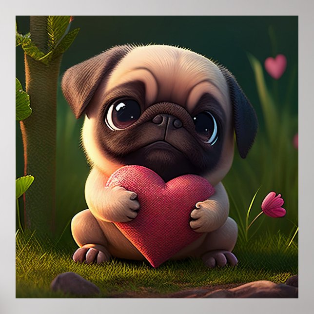 Poster Cute Pug com Coração (Frente)