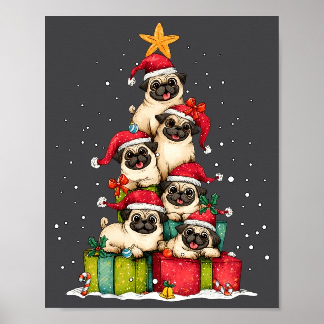 Poster Cute Pug Le Dog Christmas Tree Xmas Hat Long Sleev (Frente)