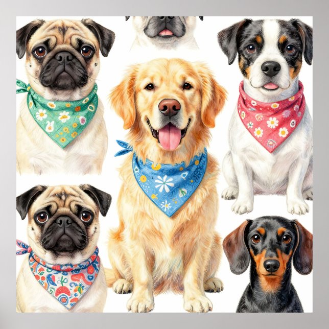 Poster Cute Puppy Portraits Bandana Collage Watercolor (Frente)