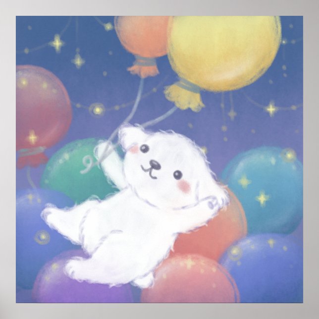 Poster Cute Puppy with Balloons & Stars (Frente)