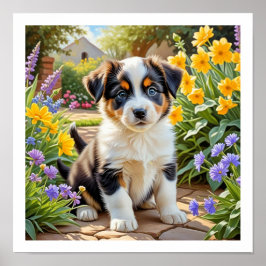 Poster Cute Puppy with Flowers
