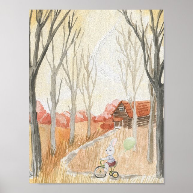 Poster Cute Rabbit on A Bike With A Balloon Nursery (Frente)
