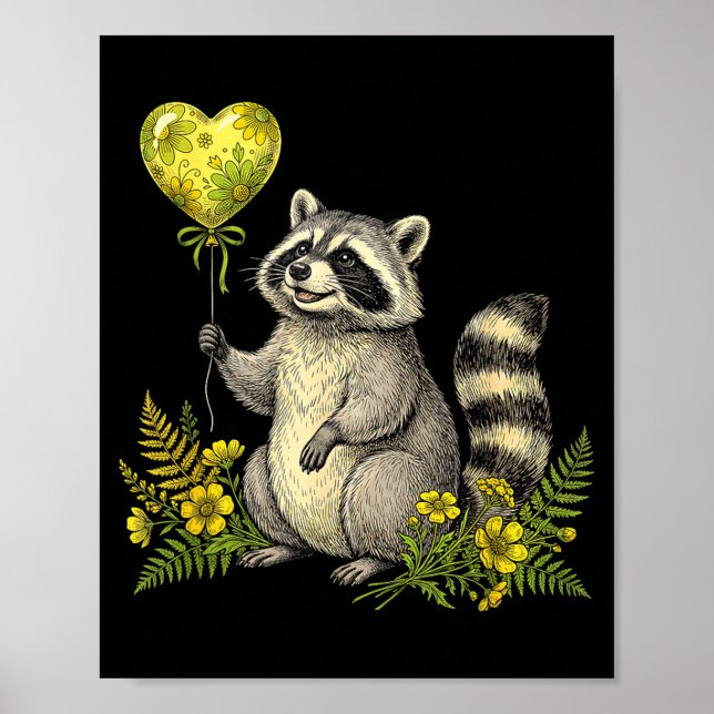 Poster Cute Raccoon Balloon Heart Flowers Sweet Raccoon L (Frente)