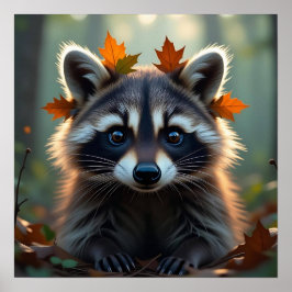 Poster Cute Raccoon em Folhas de Queda