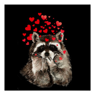 Póster Cute Raccoon Soprando Beijos Engraçados Corações d