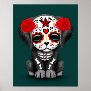 Poster Cute Red Day of the Dead Puppy Dog Teal