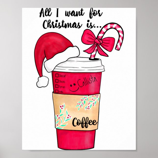 Poster Cute Red Santa Hat Coffee Candy Cane Christmas  (Frente)
