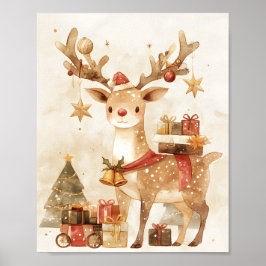 Poster Cute Reindeer with Christmas Gifts Wall Art Decor