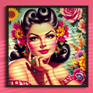 Poster Cute retrô floral retrato pin-up