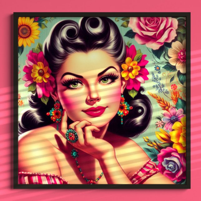 Poster Cute retrô floral retrato pin-up (Criador carregado)