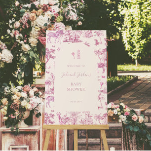 Poster Cute Safari Toile de Jouy Chá de Bebê Rosa