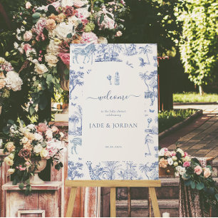 Poster Cute Safari Toile de Jouy   Chá de fraldas azul