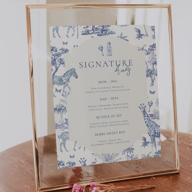 Poster Cute Safari Toile de Jouy | Chá de fraldas Azul (Criador carregado)