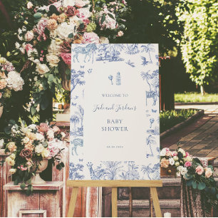 Poster Cute Safari Toile de Jouy   Chá de fraldas azul