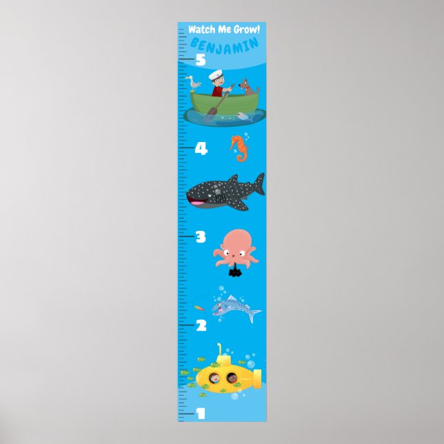 Poster Cute sea creatures submarine boating growth chart (Frente)