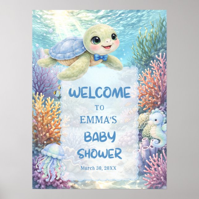 Poster Cute Sea Turtle Boy Baby Shower Welcome (Frente)