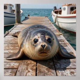 Poster Cute Seal Laying on Boat Dock Ocean Pier