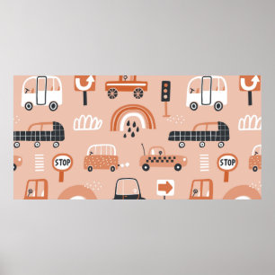 Poster Cute seamless pattern with toy cars. Cartoon cars,